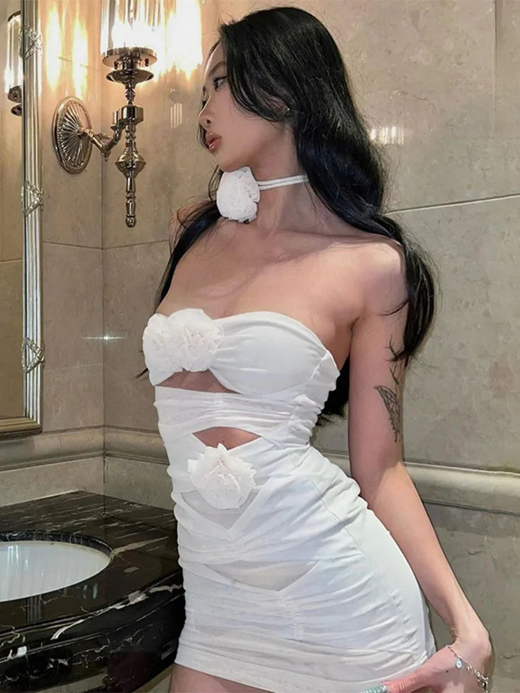 Lace Up Flower Dress for Njght Hollow Out Summer Mini Dresses Woman Slim Party Backless Dress ’s Clothing