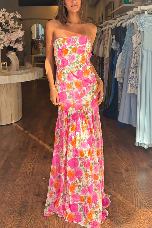 Print Strapless Fitted Slit Maxi Dress