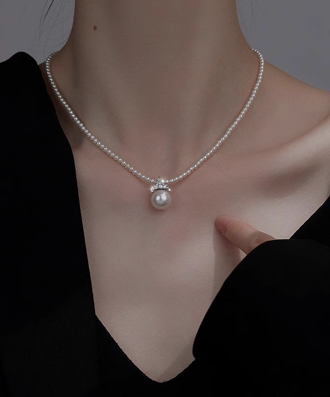 White Alloy Zircon Pearl Pendant Necklace