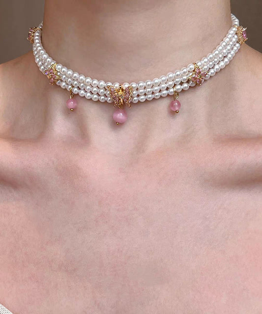 Pink Alloy Pearl Cat's Eye Strawberry Beading Pendant Necklace Three-piece Set