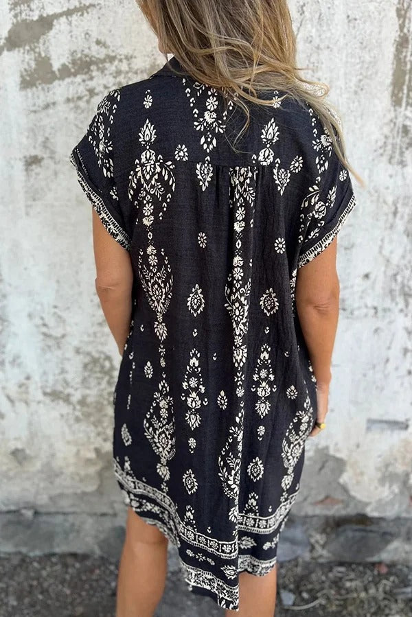 Linen Blend Unique Print Lapel Pocket Mini Dress