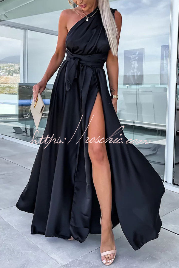 Different Effects Satin Free Tie Neck Slit Maxi Dress