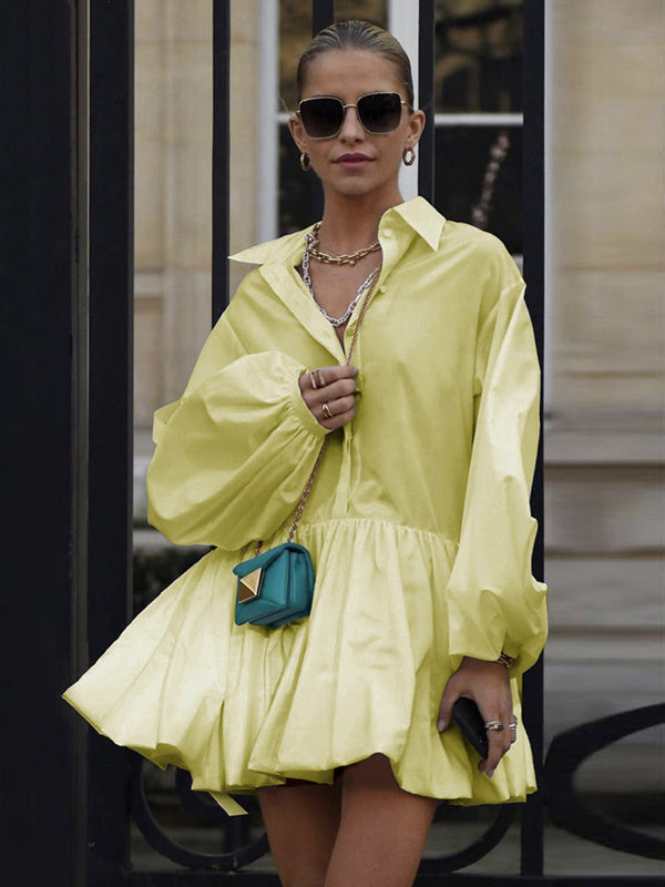 Urban Puff Sleeves Buttoned Split-joint Color Lapel Mini Dresses Shirt Dress