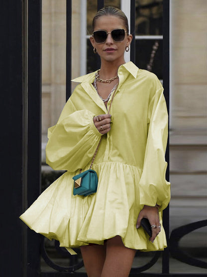 Urban Puff Sleeves Buttoned Split-joint Color Lapel Mini Dresses Shirt Dress