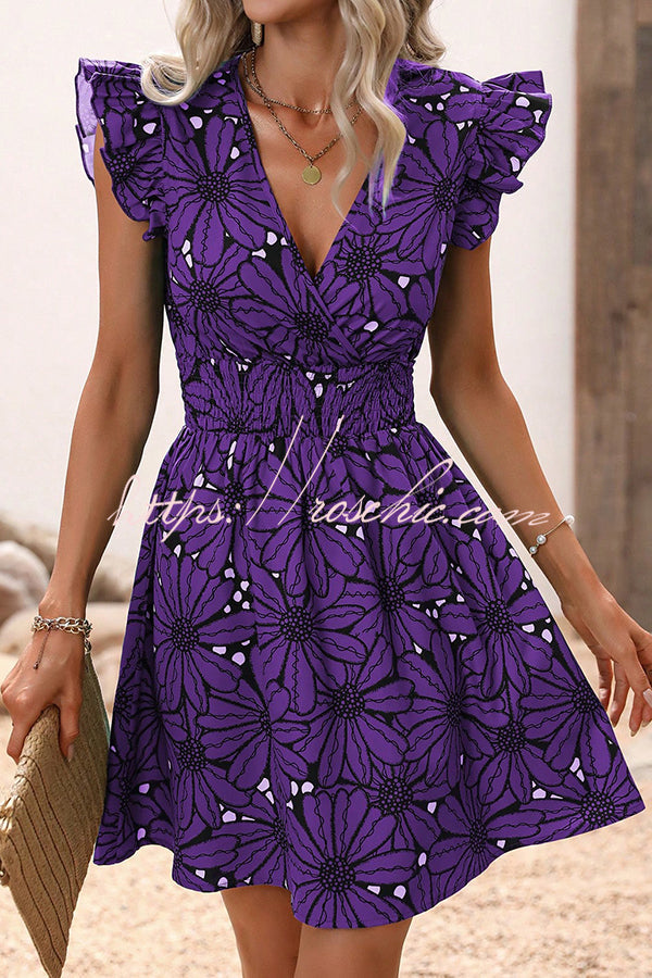 Wonderful Weekend Print Ruffle Sleeve Elastic Waist Mini Dress