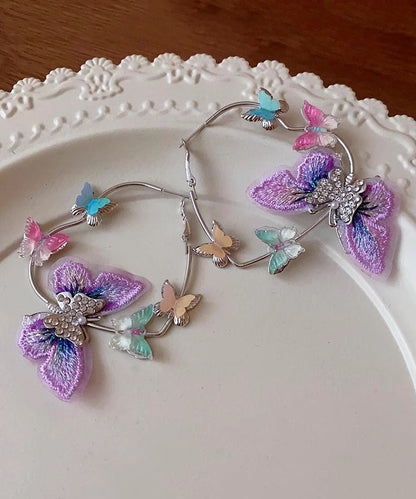 Purple Alloy Zircon Knit Butterfly Hoop Earrings