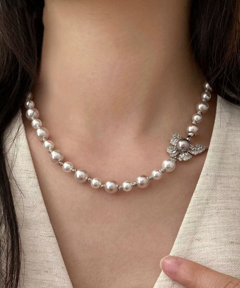 Unique Rose Butterfly Pearl Silver Choker