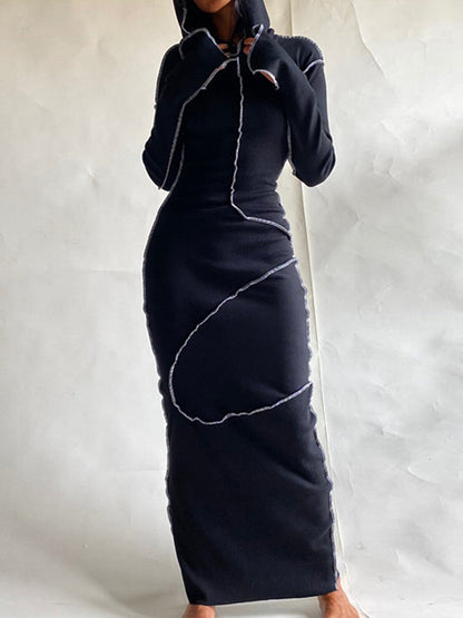 Long Sleeves Color Split-joint Hooded Maxi Dresses