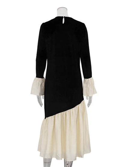 Autumn Patchwork Long Dress ’s High Waist Commute Contrast Loose Dress Female Party Maxi Dress