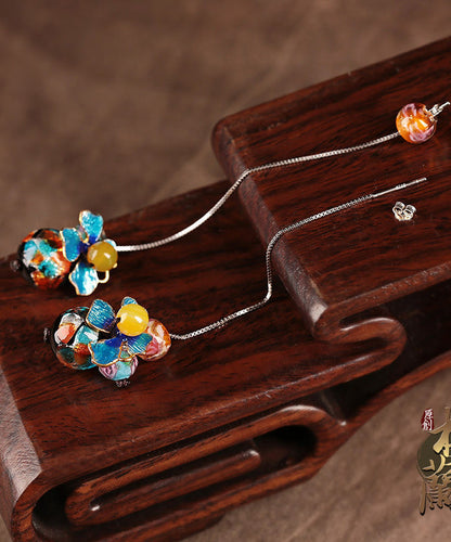 Blue Sterlin Silver Cloisonne Coloured Glaze Yellow Agate Drop Earrings