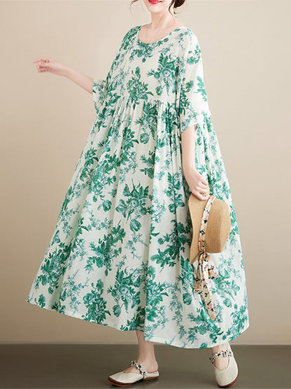 Loose Short Sleeves Printed Pleated Split-joint Round-neck Midi Dresses