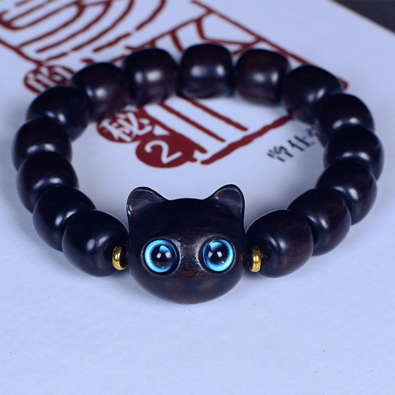 Buddha Stones Ebony Wood Liuli Glass Cat Peace Balance Bracelet