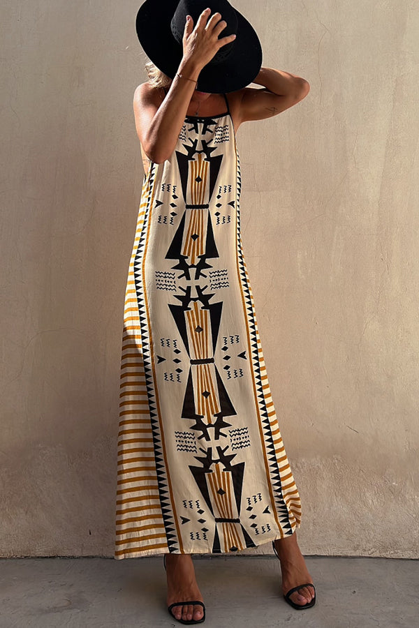 Take a Trip Print Backless A-line Maxi Dress