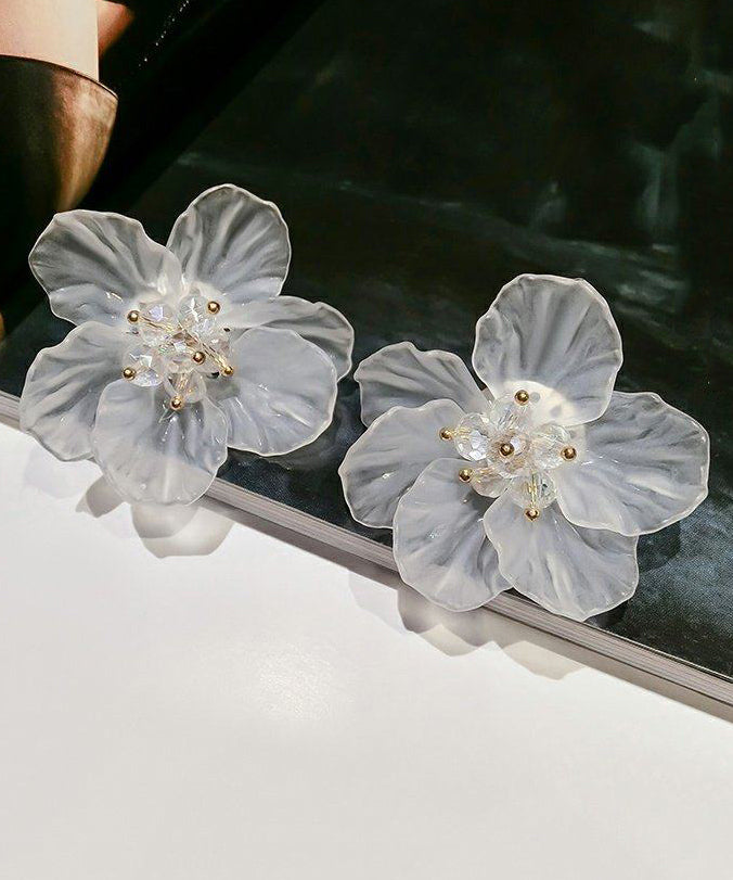 White Crystal Petal Exaggeration Alloy Stud Earrings