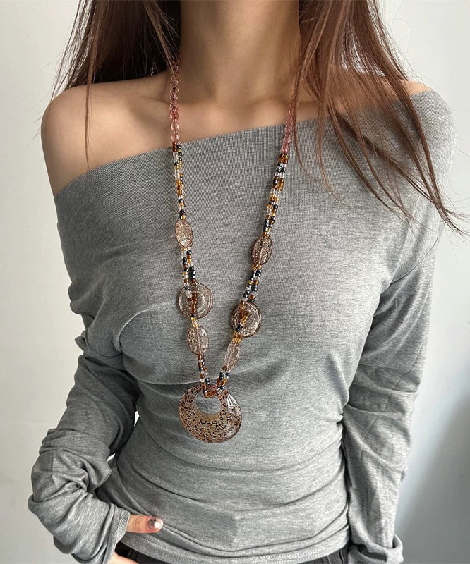 Leopard Acrylic Beading Ellipse Sweaters Pendant Necklace