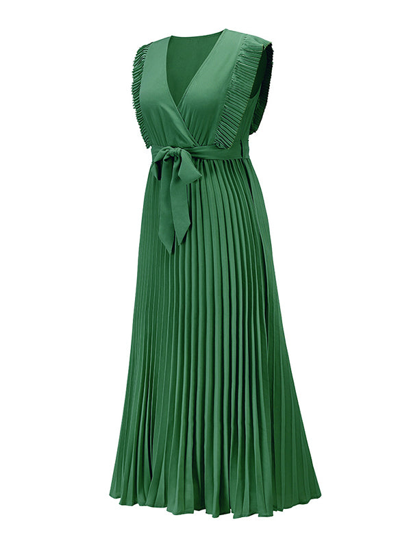 Loose Sleeveless Pleated Color Split-joint Tied Waist V-neck Maxi Dresses