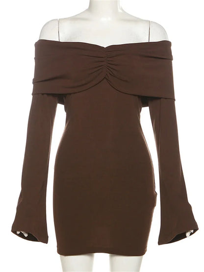Pleated Slim Mini Dress Off-shoulder Long Sleeve Patchwork Party Dress Female Backless Drerss