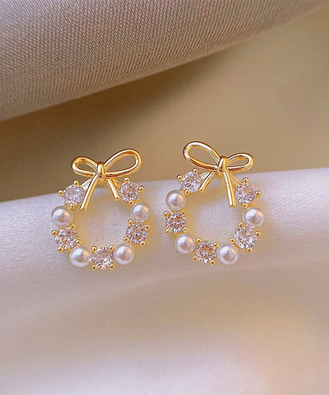 Gold Copper Alloy Zircon Pearl Bow Hoop Earrings
