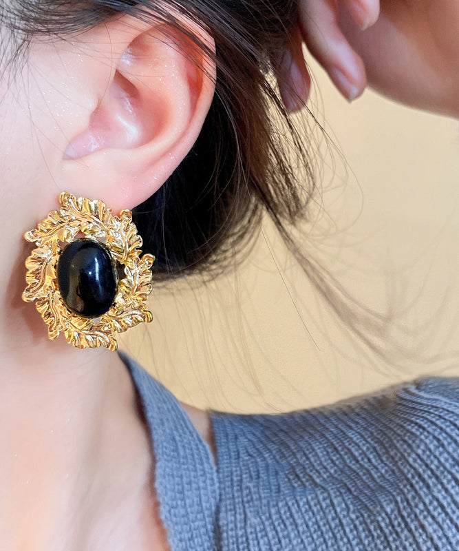 Black Copper Zircon Pearl Stud Earrings