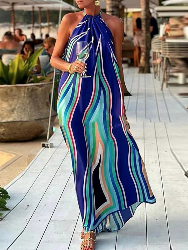 Loose Sleeveless Colorful Striped Halter-neck Maxi Dresses