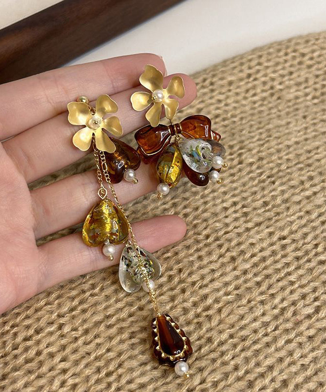 Brown Copper Overgild Zircon Asymmetrical Tassel Drop Earrings