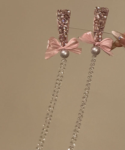 Novelty Pink Alloy Bow Zircon Tassel a Pair Hairpin