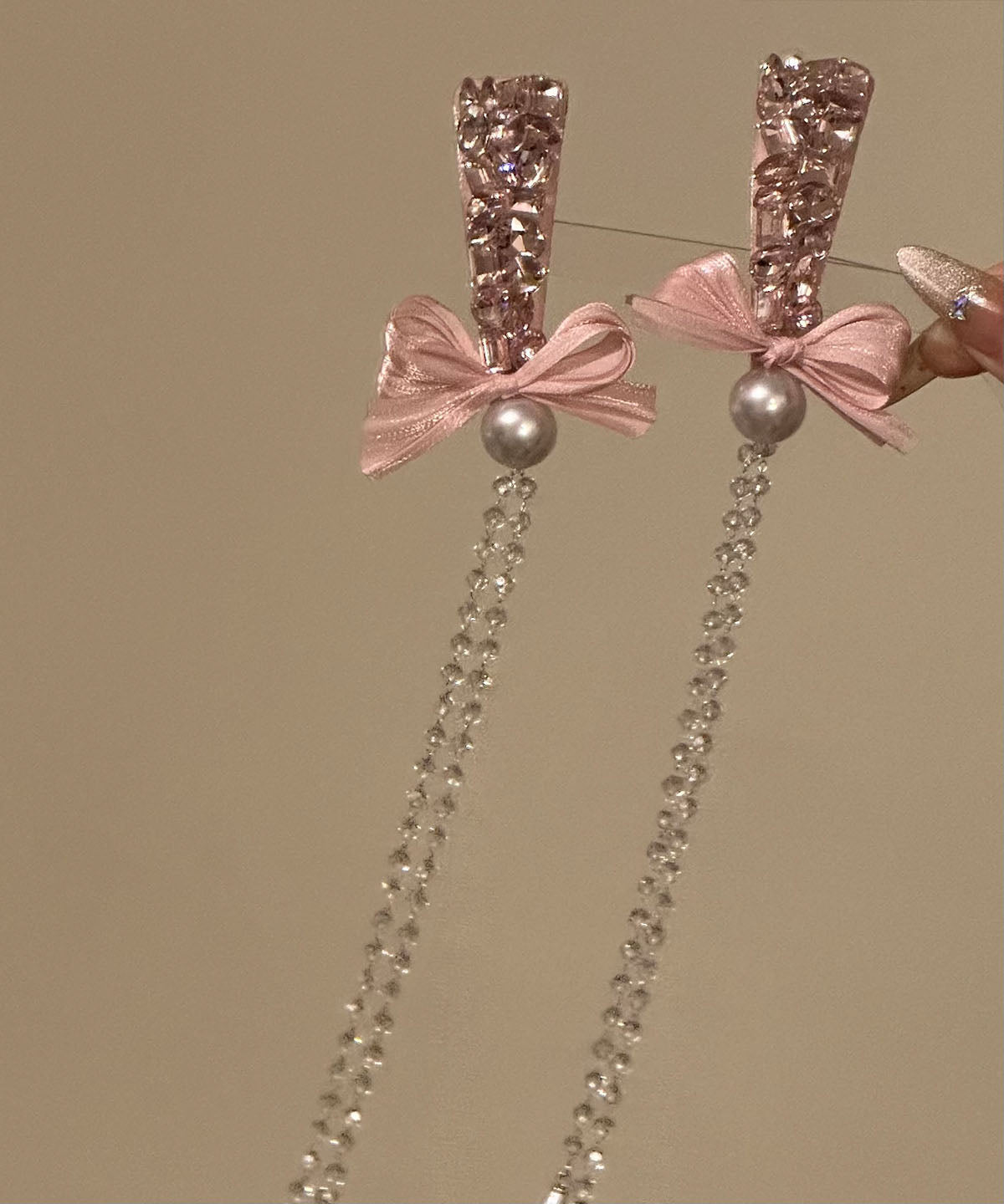 Original Design Pink Alloy Zircon Pearl Bow Tassel Hairpin