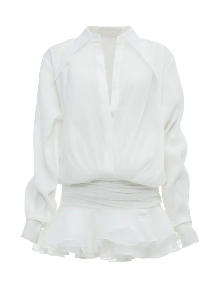 New White Chiffon Dress for Ruffled Pleated Mini Dress See-through Loose Oversized Shirt Dress Cover-up
