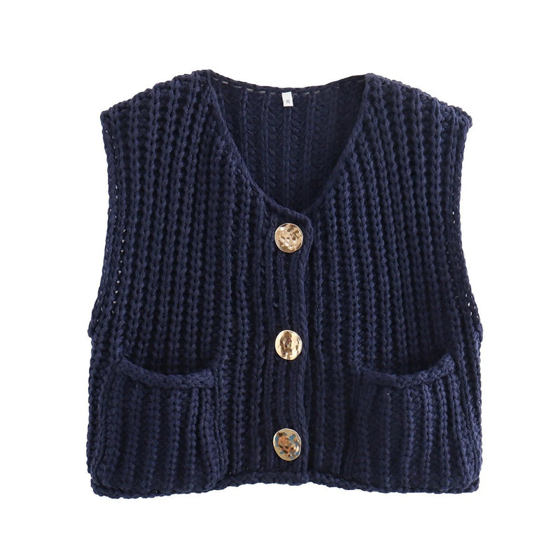 Pocket Sleeveless Short Knit Cardigan