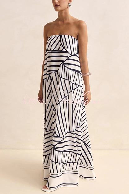Unique Print Tube Top Back Zipper Loose Maxi Dress