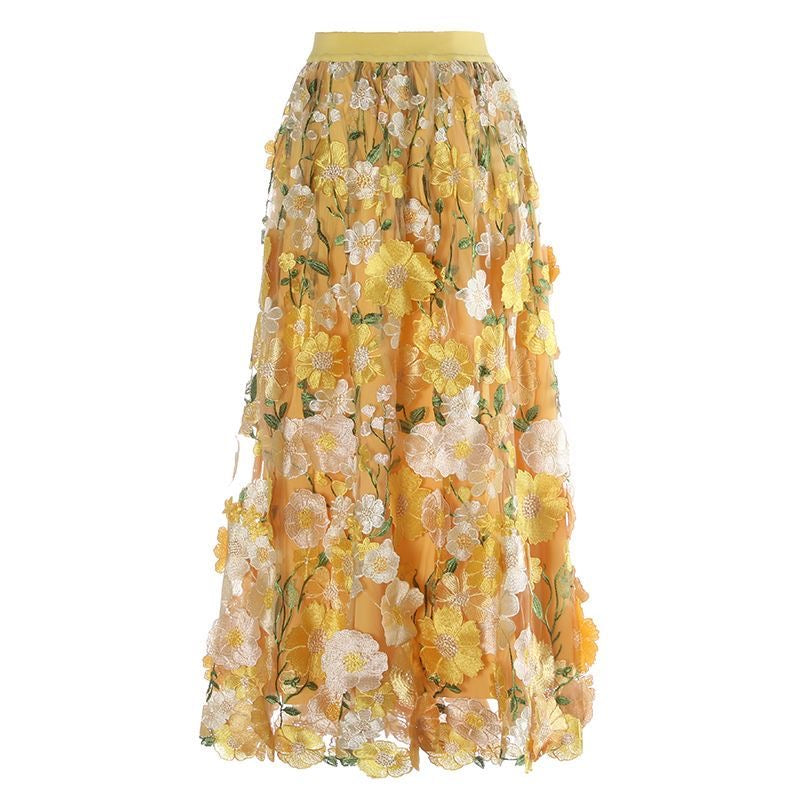 Vacation Elastic Waist Pink Embroidery Patch Tulle Skirt