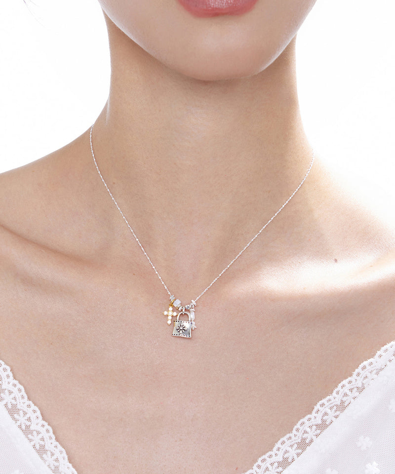 Fine Silk Cross Small Lock Pendant Adjustable Silver Necklace