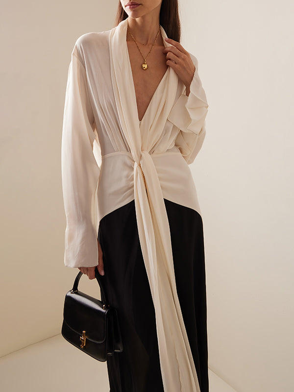 Long Sleeves Loose Contrast Color V-neck Evening Dresses Maxi Dresses