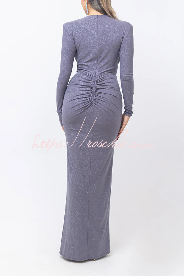 Color Shiny V-neck Long Sleeve Ribbon Slit Slim Fit Maxi Dress