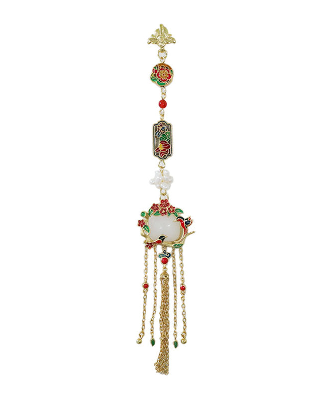 Retro Gold Overgild Pearl Jade Little Bird Tassel Brooch