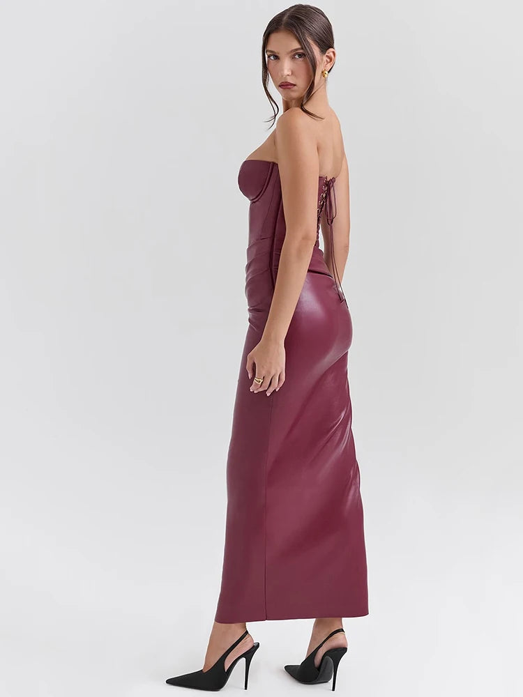 Wine Red Strapless Pu Leather Maxi Dress Off-shoulder Backless Lace-up Bodycon Club Party Long Dress