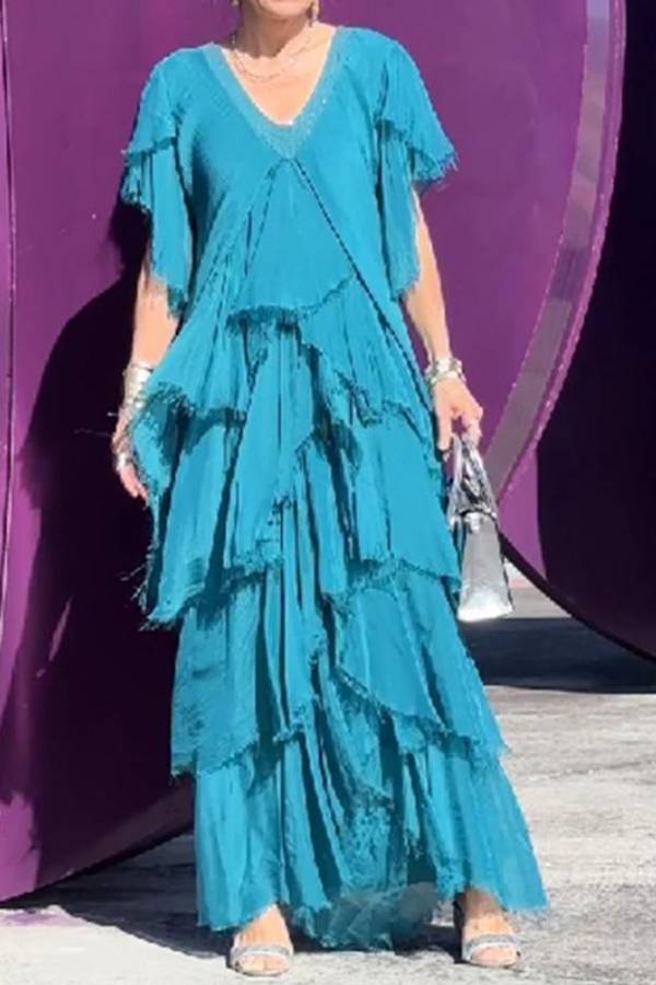 V-neck Fashionable Cake Long Dress