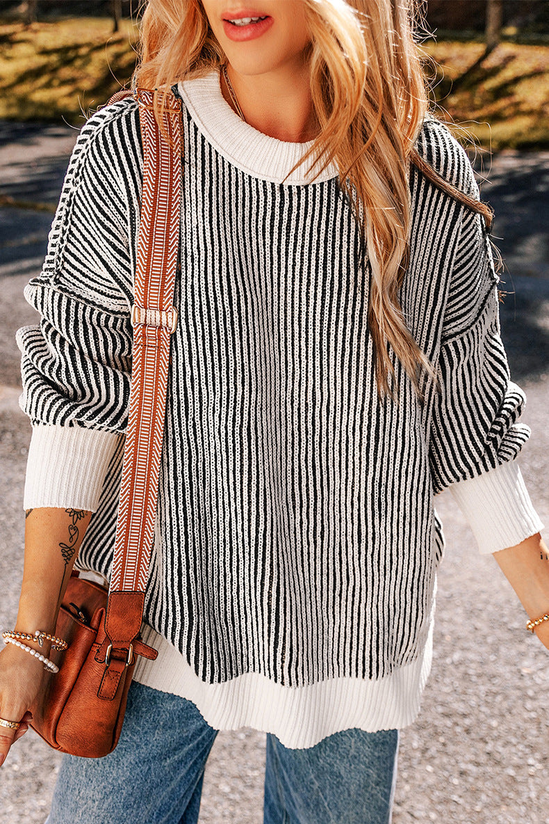 Bright Pink Striped Contrast Trim Loose Sweater