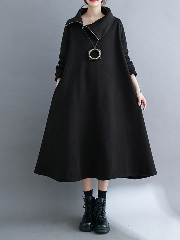 A-line Long Sleeves Asymmetric Color Zipper High Neck Midi Dresses