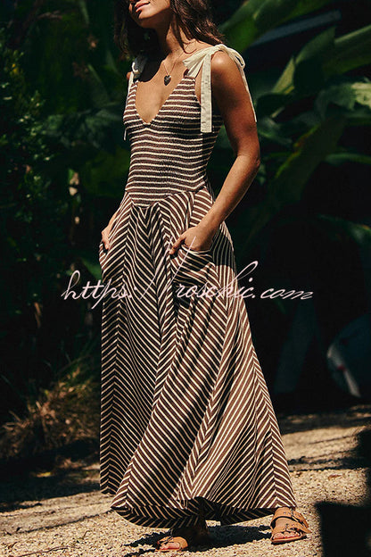 Striped Print V-neck Lace-up Backless Holiday Midi Dress