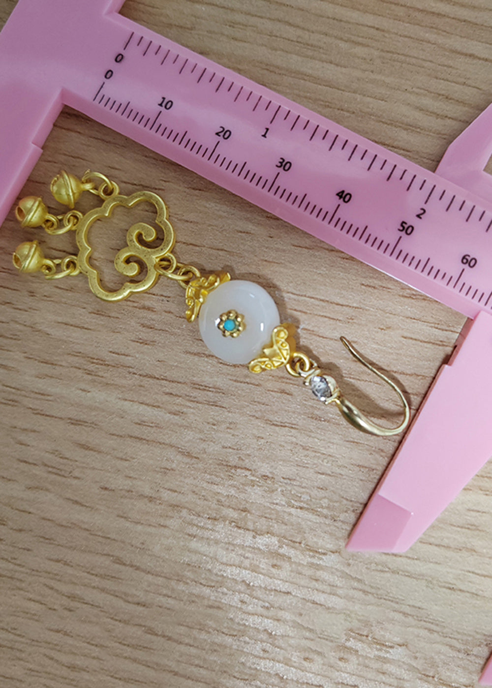 Fine White Jade Auspicious Clouds Small Bell 14k Gold Drop Earrings
