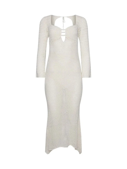 Hollow Out Knit See-through Maxi Dress Female Patchwork Backless Lace-up Slim Beach Holiday Knitwear Dress