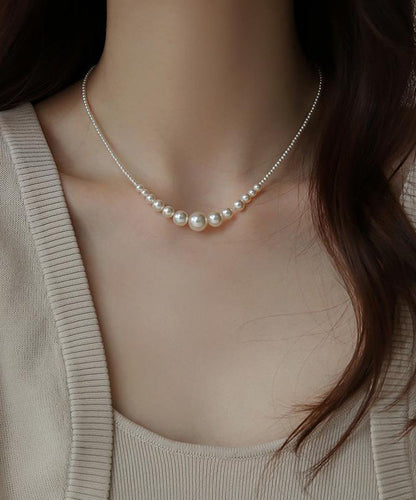 Gradient Color White Sterling Silver Pearl Broken Silver Gratuated Bead Necklace