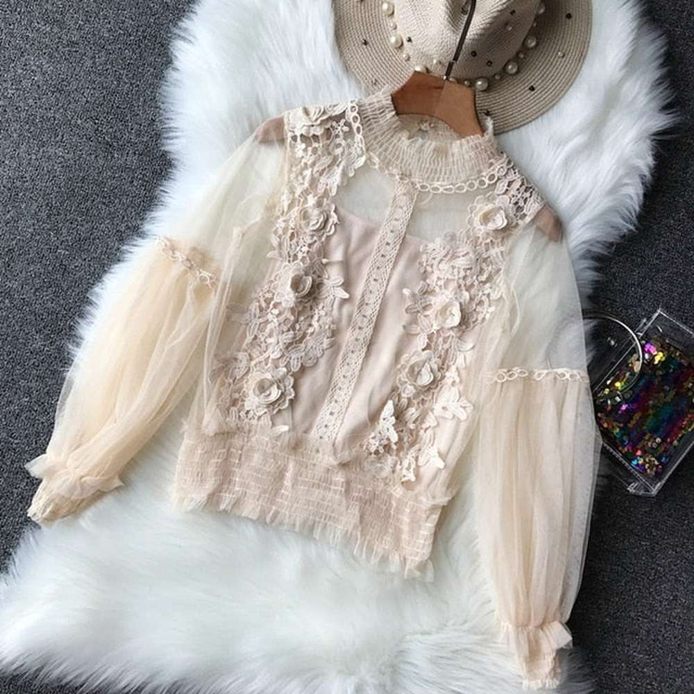 Grey Stand Collar Embroidery Flowers Sheer Lace Lantern Sleeve Blouse