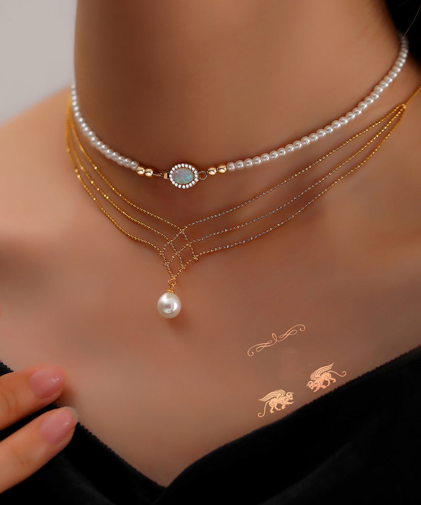 Stylish Gold 14k Gold Pearl Lase Multi Layer Pendant Necklace