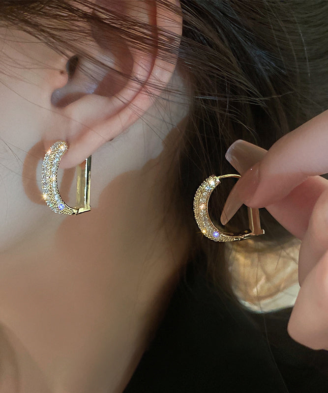 Gold Copper Alloy Zircon D Type Hoop Earrings