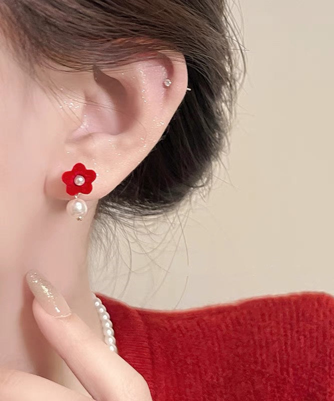 Art Red Silk Velvet Pearl Stud Earrings