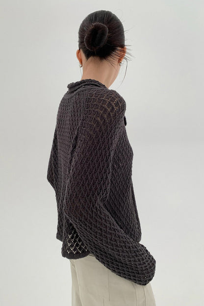 Hollow-out Collared Tie-waist Long-sleeve Short Knit Cardigan