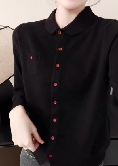 Handmade White Peter Pan Collar Pockets Cotton Knitted Cardigans Fall Qp009