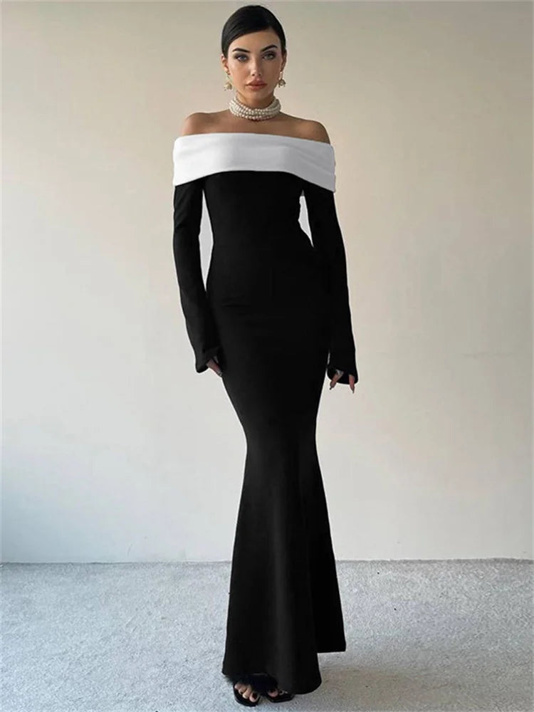 Off-shoulder Patchwork Slim Maxi Dress for Long Sleeve High Waist Backless Party Dress Female Autumn Outfit